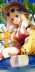 Rule 34 | 1girl, absurdres, banana boat, bare shoulders, bendy straw, blonde hair, blue eyes, blue flower, blue sky, blush, breasts, cloud, cocktail dress, collarbone, cup, day, dress, drink, drinking glass, drinking straw, eyewear on head, fate/grand order, fate (series), flower, hair flower, hair ornament, hat, highres, inflatable banana, inflatable toy, innertube, jeanne d&#039;arc (fate), jeanne d&#039;arc (ruler) (fate), jewelry, long hair, looking at viewer, medium breasts, necklace, niii (memstapak), outdoors, palm tree, parted lips, red dress, seashell, shell, shell necklace, sideboob, sky, sleeveless, sleeveless dress, solo, straw hat, sunglasses, swim ring, teeth, transparent, tree, upper teeth only, very long hair, water, water drop