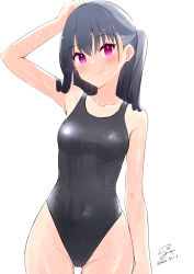Rule 34 | 1girl, arm at side, arm up, armpits, bare arms, bare shoulders, black hair, black one-piece swimsuit, blush, breasts, closed mouth, collarbone, competition swimsuit, covered navel, cowboy shot, dated, gluteal fold, groin, haoriya chie (minidraco), highres, long hair, medium breasts, minidraco, one-piece swimsuit, one side up, original, purple eyes, signature, simple background, smile, swimsuit, white background