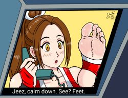 Rule 34 | 1girl, artist request, barefoot, blush, brown hair, english text, fatal fury, feet, foot focus, highres, long hair, meme, open mouth, shiranui mai, snk, soles, solo, the king of fighters, toeless legwear, toes