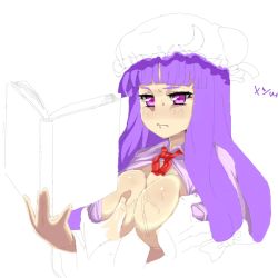 Rule 34 | 1girl, bad id, bad pixiv id, blush, book, grabbing another&#039;s breast, breasts, grabbing, hat, large breasts, matsuri (araiyuutoo), open book, partially colored, patchouli knowledge, purple eyes, purple hair, reading, solo focus, touhou, unfinished
