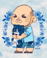 Rule 34 | &gt;:), 1boy, :3, = =, animal, bald, bara, beard stubble, cat, chibi, daisukebear, facial hair, floral background, full body, highres, holding, holding animal, holding cat, male focus, mustache stubble, original, short hair, solo, stubble, thick eyebrows, v-shaped eyebrows