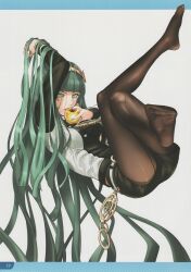 Rule 34 | 1girl, absurdres, apple, armlet, cleopatra (fate), crossed legs, earrings, fate/grand order, fate (series), feet, food, fruit, green hair, hairband, highres, jewelry, knees together feet apart, legs, long hair, looking at viewer, no shoes, pantyhose, ring, soles, takenoko seijin, thumb ring, toes, white background, yellow hairband