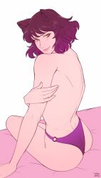 Rule 34 | 1girl, absurdres, animal ears, ass, back, bare arms, bare back, bare shoulders, black hair, blake belladonna, blush, cat ears, faunus (rwby), from behind, hand on own arm, highres, looking at viewer, looking back, on bed, panties, pink lips, purple panties, roosterteeth, rwby, short hair, thong, topless, underwear, yellow eyes, yellow nicky