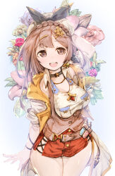Rule 34 | 1girl, :d, atelier (series), atelier ryza, atelier ryza 3, belt, black bow, black choker, bow, braid, brown eyes, brown hair, choker, cowboy shot, dot nose, floral background, flower, hair ornament, hairclip, hat, hat bow, highres, jacket, looking at viewer, open mouth, red shorts, reisalin stout, shirt, short hair, short shorts, shorts, smile, solo, standing, star (symbol), star choker, thighs, usapenpen2019, white hat, white jacket, white shirt