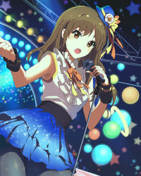 Rule 34 | 10s, 1girl, bow, brown eyes, brown hair, dutch angle, frills, long hair, looking at viewer, microphone, microphone stand, music, official art, open mouth, pantyhose, planet, ribbon, singing, skirt, solo, stage, star (symbol), tsukano mari, wake up girls!, wake up girls! stage no tenshi, wrist wrap