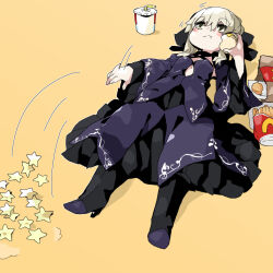 Rule 34 | 1girl, artoria pendragon (all), artoria pendragon (fate), bag, black dress, black footwear, blonde hair, blush stickers, boots, breasts, closed mouth, clothing cutout, commentary request, cup, detached sleeves, disposable cup, dress, drink, eating, egg sandwich, fate/grand order, fate (series), food, french fries, full body, hash browns, high heel boots, high heels, long sleeves, looking up, lying, mcdonald&#039;s, mossgreen, motion lines, on back, paper bag, saber alter, sidelocks, simple background, sleeveless, sleeveless dress, small breasts, solo, star (symbol), stomach cutout, throwing, wavy mouth, wide sleeves, yellow background, yellow eyes