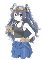 Rule 34 | 10s, 1girl, alternate costume, bare shoulders, black hair, blush, breasts, clothes around waist, crop top, female focus, gloves, goggles, goggles on head, hair ornament, long hair, looking at viewer, navel, neptune (series), red eyes, simple background, small breasts, smile, solo, twintails, two side up, uni (neptunia), white background, wrench
