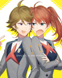 Rule 34 | 1boy, 1girl, ahoge, arguing, blue eyes, brown hair, copyright name, crossed arms, darling in the franxx, floating hair, hair between eyes, highres, long hair, long sleeves, mikko (mim mikko), miku (darling in the franxx), open mouth, purple eyes, twintails, upper body, v-shaped eyebrows, zorome (darling in the franxx)