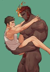 Rule 34 | 2boys, abs, baimeme, bandaid, bandaid on face, bandaid on nose, bara, beard, black hair, blouse, blush, carrying, carrying person, closed mouth, dark-skinned male, dark skin, eyebrow cut, facial hair, flaccid, flaming eye, from side, hephaestus (housamo), highres, imminent anal, imminent penetration, interracial, large pectorals, looking at another, male focus, male pubic hair, protagonist 3 (housamo), mature male, multiple boys, muscular, muscular male, naked shirt, nipples, nude, open mouth, pectorals, penis, protagonist 1 (housamo), pubic hair, red hair, scar, scar on chest, shirt, short hair, sideburns, tokyo houkago summoners, uncensored, undercut, white shirt, yaoi