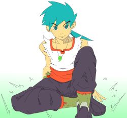 Rule 34 | 1boy, blue eyes, blue hair, breath of fire, breath of fire iv, closed mouth, commentary request, grass, highres, jewelry, long hair, looking at viewer, male focus, necklace, ponytail, ryuu (breath of fire iv), solo
