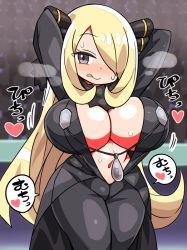 Rule 34 | 1girl, :q, arms behind head, black coat, black pants, blonde hair, blush, breasts, cleavage, coat, commentary request, creatures (company), cynthia (pokemon), game freak, grey eyes, hair ornament, hair over one eye, heart, heavy breathing, huge breasts, kanikama, long hair, navel, nintendo, pants, pokemon, pokemon dppt, solo, speech bubble, steam, sweat, tongue, tongue out, translation request
