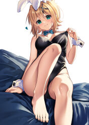 Rule 34 | 1girl, akatsuki kirika, animal ears, bare shoulders, barefoot, black leotard, blonde hair, blush, bow, bowtie, breasts, cleavage, closed mouth, commentary request, couch, detached collar, fake animal ears, feet, foot out of frame, green eyes, hair between eyes, hair ornament, heart, highres, knee up, leotard, mad (hazukiken), medium breasts, playboy bunny, rabbit ears, senki zesshou symphogear, short hair, simple background, sitting, smile, solo, strapless, strapless leotard, toenails, toes, traditional bowtie, white background, wrist cuffs, x hair ornament