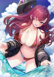Rule 34 | 1girl, baseball cap, bikini, breasts, cleavage, dutch angle, earrings, hat, highres, hololive, houshou marine, houshou marine (summer), jacket, jewelry, large breasts, long hair, necklace, one eye closed, open clothes, open jacket, outdoors, partially submerged, red bikini, red hair, s.u. (simpleu818), sky, solo, swimsuit, virtual youtuber, water, wet