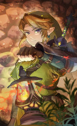 Rule 34 | 1boy, arm guards, blonde hair, blue eyes, earrings, fingerless gloves, gloves, green headwear, green tunic, highres, holding, holding lantern, jewelry, lantern, leaf, link, looking at viewer, male focus, nintendo, outside border, parted bangs, plant, pointy ears, pra 11, shirt, short hair, solo, stone wall, sword, the legend of zelda, the legend of zelda: twilight princess, upper body, wall, weapon, weapon on back, white shirt