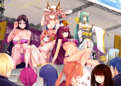 Rule 34 | 4girls, 6+girls, absurdres, animal ears, anklet, armlet, bandaged arm, bandaged leg, bandages, black hair, blue eyes, bracelet, breasts, closed eyes, crossover, fate/grand order, fate (series), fox ears, fox tail, frankenstein&#039;s monster (fate), frankenstein&#039;s monster (swimsuit saber) (fate), frankenstein&#039;s monster (swimsuit saber) (third ascension) (fate), green hair, hair ornament, hairclip, hand fan, hat, highres, holding, holding fan, horns, jewelry, kiyohime (fate), kiyohime (fate/grand order), kiyohime (swimsuit lancer) (fate), kiyohime (swimsuit lancer) (first ascension) (fate), large breasts, medium breasts, multiple girls, onceskylark, pink hair, purple hair, red eyes, scathach (fate), scathach (fate/grand order), scathach (swimsuit assassin) (fate), single horn, sitting, small breasts, smile, swimsuit, tail, tamamo (fate), tamamo no mae (swimsuit lancer) (fate), tamamo no mae (swimsuit lancer) (third ascension) (fate), yellow eyes