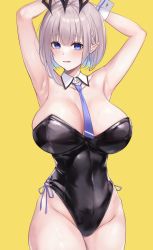 Rule 34 | 1girl, absurdres, armpits, arms up, black leotard, blue eyes, blue hair, blush, braid, breasts, brown hair, cleavage, covered navel, cowboy shot, detached collar, groin, highres, large breasts, leotard, multicolored hair, necktie, open mouth, original, playboy bunny, pointy ears, purple necktie, sateridas, short hair, side-tie leotard, simple background, solo, strapless, strapless leotard, two-tone hair, yellow background