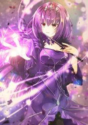 Rule 34 | 1girl, breasts, caster (lostbelt), cleavage, dress, fate/grand order, fate (series), fur trim, hair between eyes, headpiece, highres, iroha (shiki), jewelry, large breasts, long hair, open mouth, pantyhose, purple background, purple dress, purple hair, red eyes, runes, scathach (fate), scathach skadi (fate), solo, tiara, wand, wide sleeves