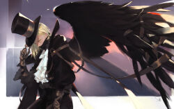 Rule 34 | 1other, black coat, black wings, blonde hair, coat, commentary, covered mouth, english commentary, feathered wings, frills, hair behind ear, hand on headwear, hat, high collar, highres, ascot, long sleeves, looking down, mask, mechanical arms, mechanical parts, medium hair, mouth mask, original, puffy long sleeves, puffy sleeves, shirt, single wing, solo, strap, superboltkbh, top hat, upper body, white ascot, wings, yellow eyes