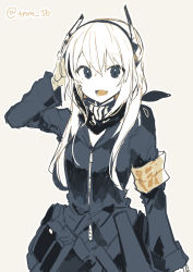 Rule 34 | 1girl, :d, armband, bandana, fang, girls&#039; frontline, grey background, hairband, hand up, ikeuchi tanuma, jacket, limited palette, long hair, looking at viewer, m4 sopmod ii (girls&#039; frontline), open mouth, outline, simple background, smile, solo, twitter username, white outline