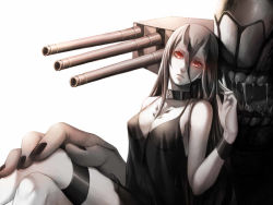 Rule 34 | 1girl, 1other, abyssal ship, battleship princess, black choker, black nails, black shirt, breast tattoo, breasts, choker, cleavage, crossed legs, grey hair, hair between eyes, horns, kantai collection, looking at viewer, manjyufroth, medium breasts, nail polish, open mouth, pale skin, parted lips, red eyes, shirt, sitting, skin-covered horns, tattoo, teeth, thigh strap, turret, white background, wristband