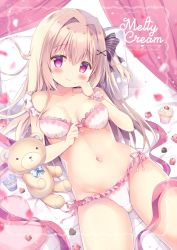 1girl, azumi kazuki, bangs, bare arms, bare shoulders, black bow, blush, bow, bow bra, bra, brown hair, closed mouth, collarbone, commentary request, cupcake, english text, eyebrows visible through hair, food, frilled panties, frills, groin, hair between eyes, hair bow, hair intakes, hair ornament, hairclip, hand up, long hair, lying, navel, on back, one side up, original, panties, purple eyes, side-tie panties, smile, solo, striped, striped bow, stuffed animal, stuffed toy, teddy bear, underwear, underwear only, very long hair, white bra, white panties, wrist cuffs, x hair ornament