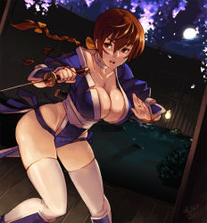 Rule 34 | 1girl, 2013, armor, braid, breasts, brown eyes, brown hair, cherry blossoms, choker, cleavage, dated, dead or alive, dutch angle, fighting stance, full moon, greaves, highres, japanese armor, japanese clothes, junkpuyo, kasumi (doa), kote, large breasts, long hair, moon, night, ninja, pelvic curtain, revealing clothes, reverse grip, sash, short sword, single braid, solo, sweat, sword, tecmo, thighhighs, torn clothes, weapon, white thighhighs
