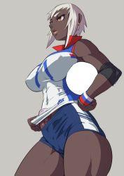Rule 34 | 1futa, bad id, bad pixiv id, ball, breasts, bulge, commentary request, covered erect nipples, dark-skinned female, dark skin, earrings, elbow pads, erection, erection under clothes, futanari, grey background, hand on own hip, holding, holding ball, huge breasts, jewelry, mikoyan, muscular, muscular female, penis, short shorts, shorts, solo, sportswear, sweatband, volleyball (object), volleyball uniform, white hair