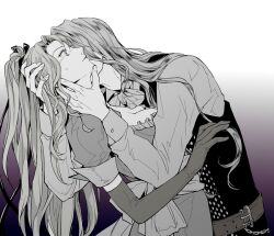 Rule 34 | 1boy, 1girl, alucard (castlevania), biting, bow, breasts, cape, castlevania: symphony of the night, castlevania (series), cleavage, closed mouth, dhampir, gloves, grel (r6hgvu5), greyscale, hair ribbon, half-human, long hair, looking at viewer, maria renard, medium breasts, monochrome, neck biting, ribbon, simple background, undead, vampire, very long hair, waist bow