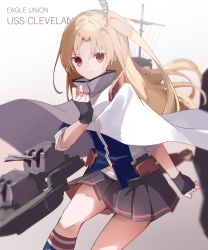 Rule 34 | 1girl, a.a (aa772), american flag legwear, azur lane, black gloves, black skirt, blonde hair, blue shirt, blurry, blurry background, cannon, cape, character name, cleveland (azur lane), closed mouth, commentary request, depth of field, fingerless gloves, gloves, gradient background, grey background, hair ornament, highres, kneehighs, long hair, looking at viewer, one side up, parted bangs, pleated skirt, red eyes, shirt, short sleeves, skirt, socks, solo, turret, v-shaped eyebrows, very long hair, white background, white cape