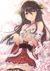 Rule 34 | 1girl, :d, bare shoulders, black hair, boots, brown eyes, cherry blossoms, cowboy shot, detached sleeves, gensoukitan, hair ornament, hairclip, haruna (kancolle), highres, kantai collection, long hair, looking at viewer, nontraditional miko, open mouth, pleated skirt, red skirt, skirt, smile, solo, thigh boots, thighhighs