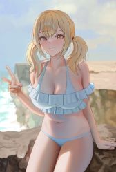 Rule 34 | 1girl, absurdres, bare arms, bare shoulders, bikini, blonde hair, breasts, brown eyes, cleavage, frilled bikini, frills, grin, halterneck, hand up, highres, long hair, looking at viewer, medium breasts, myabit, navel, off-shoulder bikini, off shoulder, original, sitting, smile, solo, stomach, swimsuit, thighs, twintails, v, white bikini