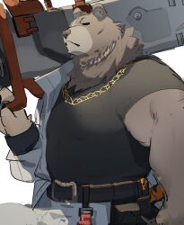 Rule 34 | 1boy, absurdres, animal ears, bara, bear boy, bear ears, belt, ben bigger, black belt, black sclera, black shirt, chain necklace, claws, colored sclera, furry, furry male, hashtag-only commentary, highres, holding, holding weapon, jacket, jacket partially removed, jewelry, looking at viewer, loss kim, male focus, necklace, pants, shirt, tool belt, weapon, white eyes, white jacket, white pants, zenless zone zero