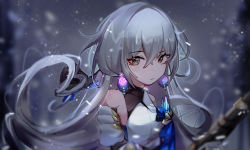 Rule 34 | 1girl, absurdres, bronya rand, closed mouth, detached sleeves, dress, earrings, expressionless, grey background, grey eyes, grey hair, highres, holding, holding weapon, honkai: star rail, honkai (series), jewelry, linnoko, long hair, looking at viewer, snow, snowing, solo, wavy hair, weapon