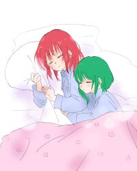 Rule 34 | 2girls, alternate hairstyle, closed mouth, commentary request, green hair, highres, multiple girls, hugging object, onozuka komachi, pajamas, pillow, pillow hug, red hair, shiki eiki, short hair, shouko (airen), sleeping, touhou