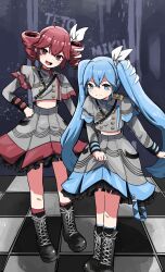 2girls ahoge black_boots black_sleeve_cuffs blue_eyes blue_socks boots bow buttons cosplay cross-laced_footwear drill_hair grey_jacket grey_shirt hair_between_eyes hair_bow hair_ribbon hand_on_own_hip hatsune_miku highres jacket kakue_gaku kasane_teto kasane_teto_(cosplay) kasane_teto_(sv) kneehighs lace-up_boots layered_skirt layered_sleeves long_sleeves midriff multiple_girls open_mouth red_eyes red_hair red_socks ribbon shirt shoulder_belt shoulder_boards skirt skirt_hold skirt_set sleeve_cuffs smile socks striped_clothes striped_jacket synthesizer_v twin_drills twintails utau vocaloid white_bow white_ribbon