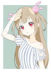 Rule 34 | 1girl, :o, bad id, bad twitter id, bandaged arm, bandages, blue background, blue shirt, brown hair, donguri suzume, hair ornament, hand up, highres, looking at viewer, natori sana, off shoulder, parted lips, rabbit hair ornament, red eyes, sana channel, shirt, simple background, solo, striped clothes, striped shirt, two side up, upper body, vertical-striped clothes, vertical-striped shirt, virtual youtuber