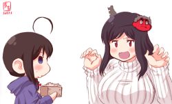 Rule 34 | 2girls, :3, ahoge, alternate costume, beans, black hair, blue eyes, box, braid, commentary request, curled fingers, dated, hair ornament, hair over shoulder, kanon (kurogane knights), kantai collection, logo, mask, masu, multiple girls, oni mask, red eyes, ribbed sweater, setsubun, shigure (kancolle), short hair, simple background, single braid, sweater, upper body, white background, white sweater, yamashiro (kancolle), aged down
