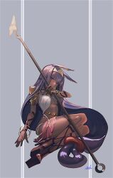 Rule 34 | 1girl, animal ears, bangle, belly chain, bracelet, breasts, dark-skinned female, dark skin, egyptian, egyptian clothes, facepaint, facial mark, fate/grand order, fate (series), full body, grey background, high heels, highres, holding, holding staff, isagiyo, jackal ears, jewelry, long hair, looking at viewer, low-tied long hair, medium breasts, nitocris (fate), platform footwear, purple eyes, purple hair, revealing clothes, sitting, solo, staff, usekh collar, very long hair