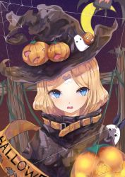 Rule 34 | 1girl, abigail williams (fate), abigail williams (traveling outfit) (fate), absurdres, black jacket, blonde hair, blue eyes, commentary, crossed bandaids, english commentary, fate/grand order, fate (series), glowing, hair bun, halloween, hat, head tilt, heart, heroic spirit traveling outfit, highres, jack-o&#039;-lantern, jacket, long hair, long sleeves, looking at viewer, medjed (fate), official alternate costume, open mouth, parted bangs, silk, single hair bun, sleeves past fingers, sleeves past wrists, solo, spider web, star (symbol), upper body, wavy mouth, witch hat, yingxiong abubu