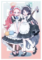 Rule 34 | 2girls, aeruusa, alternate costume, apron, aris (blue archive), aris (maid) (blue archive), black dress, black footwear, blue archive, blush, borrowed clothes, bow, bowtie, dress, duster, emoji, enmaided, forehead, frilled apron, frills, full body, gradient background, hair bow, halo, highres, holding, holding duster, looking at viewer, maid, maid headdress, mary janes, multiple girls, pantyhose, petticoat, pinafore dress, ponytail, puffy short sleeves, puffy sleeves, shoes, short sleeves, skirt hold, sleeveless, sleeveless dress, thinking emoji, white pantyhose, yuzu (blue archive), yuzu (maid) (blue archive)