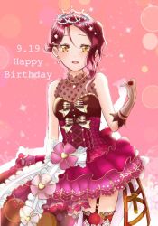 Rule 34 | 1girl, :d, asymmetrical hair, black thighhighs, breasts, bustier, cleavage, cowboy shot, dated, diadem, earrings, garter straps, gloves, grey gloves, hair between eyes, happy birthday, jewelry, layered skirt, looking at viewer, love live!, love live! school idol festival, love live! sunshine!!, miniskirt, necklace, open mouth, pink background, polka dot, red hair, red skirt, sakurauchi riko, skirt, small breasts, smile, solo, sparkle, standing, striped clothes, striped gloves, thighhighs, vertical-striped clothes, vertical-striped gloves, wal---dg7sdr-0128, yellow eyes