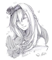 Rule 34 | 1girl, artist name, bare shoulders, blush, braid, commentary, crown, dated, dress, closed eyes, fingernails, french braid, greyscale, hair between eyes, hair ornament, hair over shoulder, hairband, jewelry, kantai collection, long hair, long sleeves, mini crown, monochrome, necklace, off-shoulder dress, off shoulder, petals, simple background, smile, solo, warspite (kancolle), white background, yamada rei (rou)