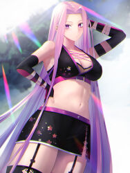 Rule 34 | 1girl, bare shoulders, black gloves, black skirt, black thighhighs, breasts, cleavage, collarbone, elbow gloves, fate/grand order, fate (series), fingerless gloves, forehead, garter straps, gloves, hand on own hip, large breasts, long hair, looking at viewer, medusa (an army marches on its stomach) (fate), medusa (fate), medusa (rider) (fate), minami koyogi, miniskirt, navel, parted bangs, purple eyes, purple hair, sidelocks, skirt, solo, square pupils, thighhighs, thighs, very long hair