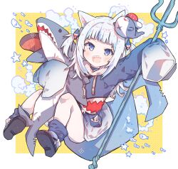 1girl animal_ears bloop_(gawr_gura) blue_eyes blue_footwear blue_hoodie blue_socks cat_ears commentary drawstring gawr_gura gawr_gura_(1st_costume) grey_hair hair_ornament highres holding holding_weapon hololive hololive_english hood hoodie knees_together_feet_apart knees_up kokemoco long_sleeves looking_at_viewer loose_socks oversized_clothes polearm salmon shark_hair_ornament sharp_teeth shoes sidelocks sleeves_past_fingers sleeves_past_wrists socks solo stuffed_animal stuffed_shark stuffed_toy tail teeth trident two_side_up virtual_youtuber weapon