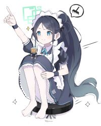 Rule 34 | &lt;key&gt; (robot) (blue archive), 1girl, anniu (user vemd7787), apron, aqua halo, aris (blue archive), aris (maid) (blue archive), arm up, black dress, black hair, black wristband, blue archive, blue eyes, blue ribbon, closed mouth, collared dress, commentary, dress, full body, green halo, halo, highres, index finger raised, knees up, long hair, looking up, maid, maid apron, maid headdress, no shoes, official alternate costume, pantyhose, ponytail, puffy short sleeves, puffy sleeves, rectangular halo, ribbon, robotic vacuum cleaner, short sleeves, simple background, sitting, smile, solo, spoken object, white apron, white background, white pantyhose