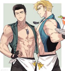 Rule 34 | 2boys, abs, ao isami, apron, bara, bare pectorals, black hair, black pants, blonde hair, blue vest, border, cocktail glass, commentary request, cowboy shot, cup, dog tags, drinking glass, facial hair, fingerless gloves, gloves, green vest, grey background, hand on own hip, holding, holding plate, lewis smith, looking to the side, maji (m), male focus, multiple boys, muscular, muscular male, navel, one eye closed, outside border, pants, pectorals, plate, profile, short hair, sideburns stubble, sleeveless, stubble, twitter username, vest, waist apron, white apron, white border, yuuki bakuhatsu bang bravern