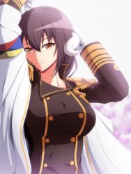 Rule 34 | 1girl, azur lane, breasts, brown hair, commentary request, epaulettes, gloves, hair between eyes, highres, horns, large breasts, long hair, long sleeves, looking at viewer, makiri akira, mikasa (azur lane), military, military uniform, smile, solo, uniform, white gloves, yellow eyes
