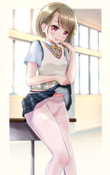 Rule 34 | 1girl, absurdres, blonde hair, blush, breasts, cameltoe, cleft of venus, clothes lift, commentary request, crescent, crescent hair ornament, hair ornament, highres, indoors, lifting own clothes, looking at viewer, love live!, love live! nijigasaki high school idol club, miniskirt, nakasu kasumi, navel, nijigasaki school uniform, no panties, pantyhose, red eyes, school uniform, shark yc, short hair, short sleeves, skirt, skirt lift, small breasts, smile, solo, standing, summer uniform, thighband pantyhose, tongue, tongue out, uncensored, white pantyhose