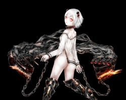 Rule 34 | 10s, 1girl, abyssal ship, ass, bare shoulders, black background, chain, cowboy shot, dark persona, dress, from behind, hair ornament, headgear, kantai collection, long sleeves, looking at viewer, looking back, no panties, ogcmaster, parted lips, red eyes, see-through, short dress, short hair, shoulder blades, simple background, solo, torn clothes, torn dress, white hair, yukikaze (kancolle)