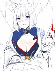 Rule 34 | 1boy, 1girl, animal ears, azur lane, blue eyes, blunt bangs, blush, breasts, bulge, cleavage, cleavage cutout, clothing cutout, deras, eyeshadow, fox ears, fox mask, fox tail, holding, holding mask, japanese clothes, kaga (azur lane), kitsune, large breasts, lips, long sleeves, looking at viewer, makeup, mask, unworn mask, multiple tails, parted lips, partially colored, pov, short hair, tail, tail wagging, wide sleeves, wristband